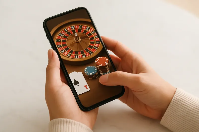 Close-up hands holding smartphone with casino app on marble surface