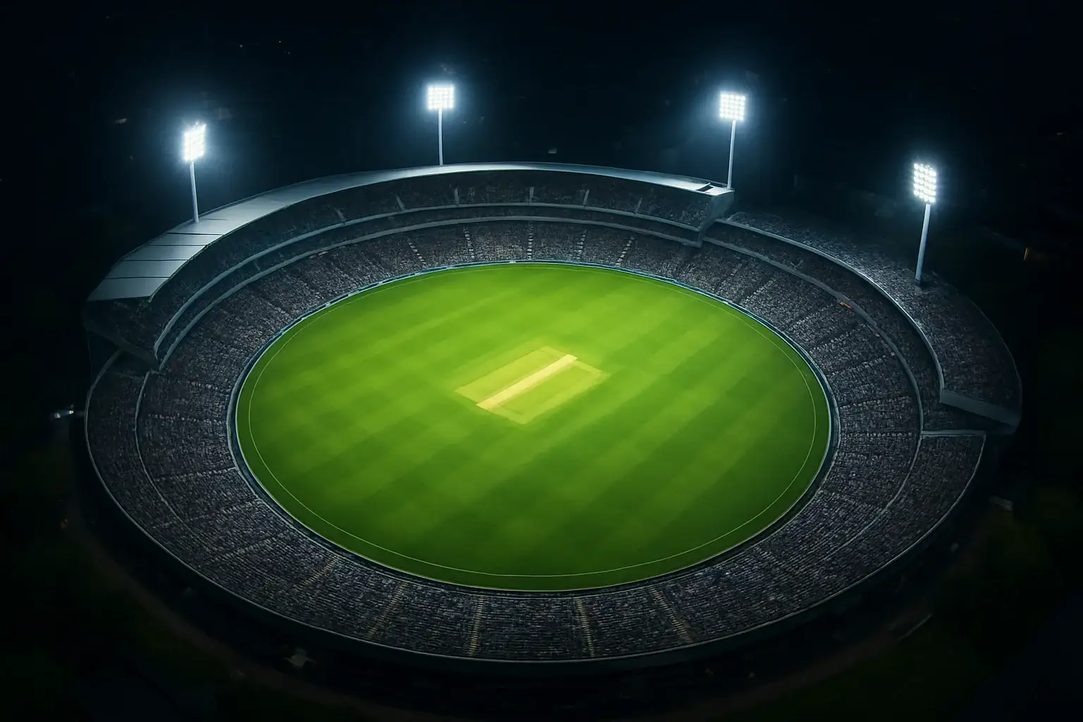 Aerial night view of cricket stadium with floodlights and vibrant green pitch