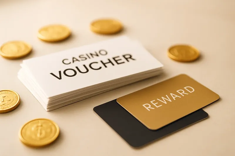 Stack of casino bonus vouchers and reward cards with scattered gold coins