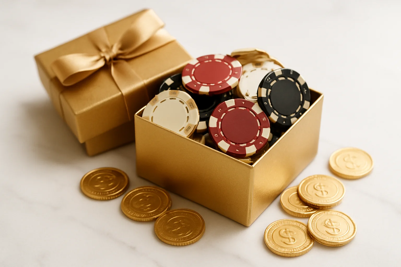 Golden gift box overflowing with poker chips and gold coins