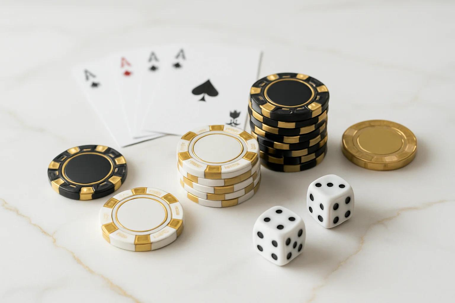 Elegant casino chips, cards, and dice on white marble with gold accents