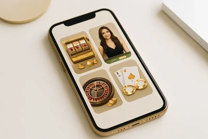 Mobile phone displaying casino app with slots and live games