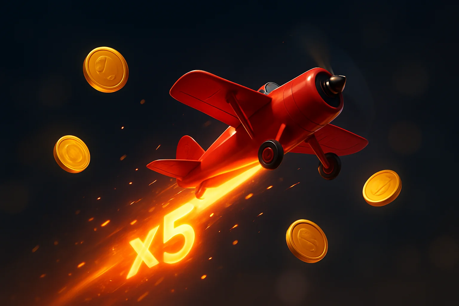 Red airplane climbing with glowing multiplier trail, coins, sparks, neon accents