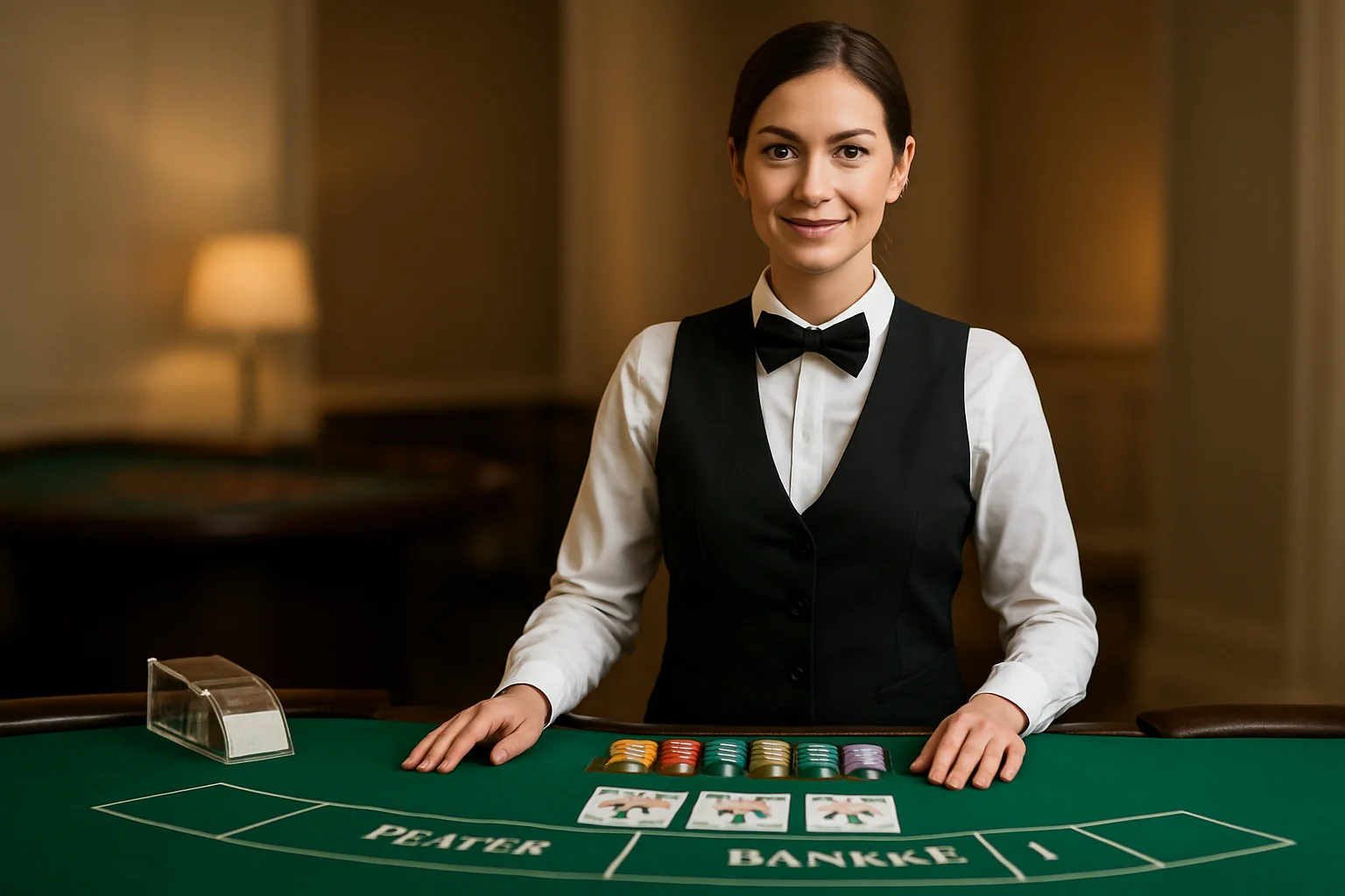Professional female dealer at elegant live baccarat table in casino