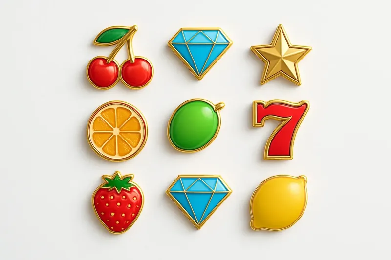 Assorted slot game icons with fruit, diamonds, lucky 7s, and stars