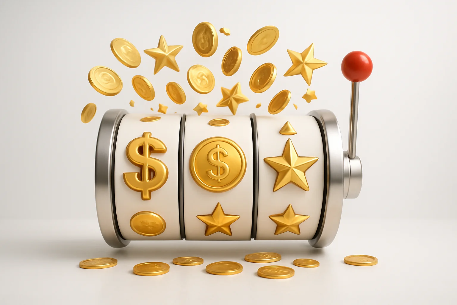 Colorful slot machine reels with gold symbols, coins and stars bursting outward